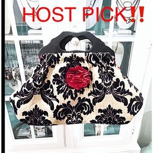 Gorgeous Large Black & Cream Tote Bag With Wine Cabbage Rose, Knit Crochet Bag